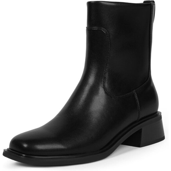 Shoes - Women's Black Low Heel Square Toe Chunky Short Boot Fall Boots with Side Zipper